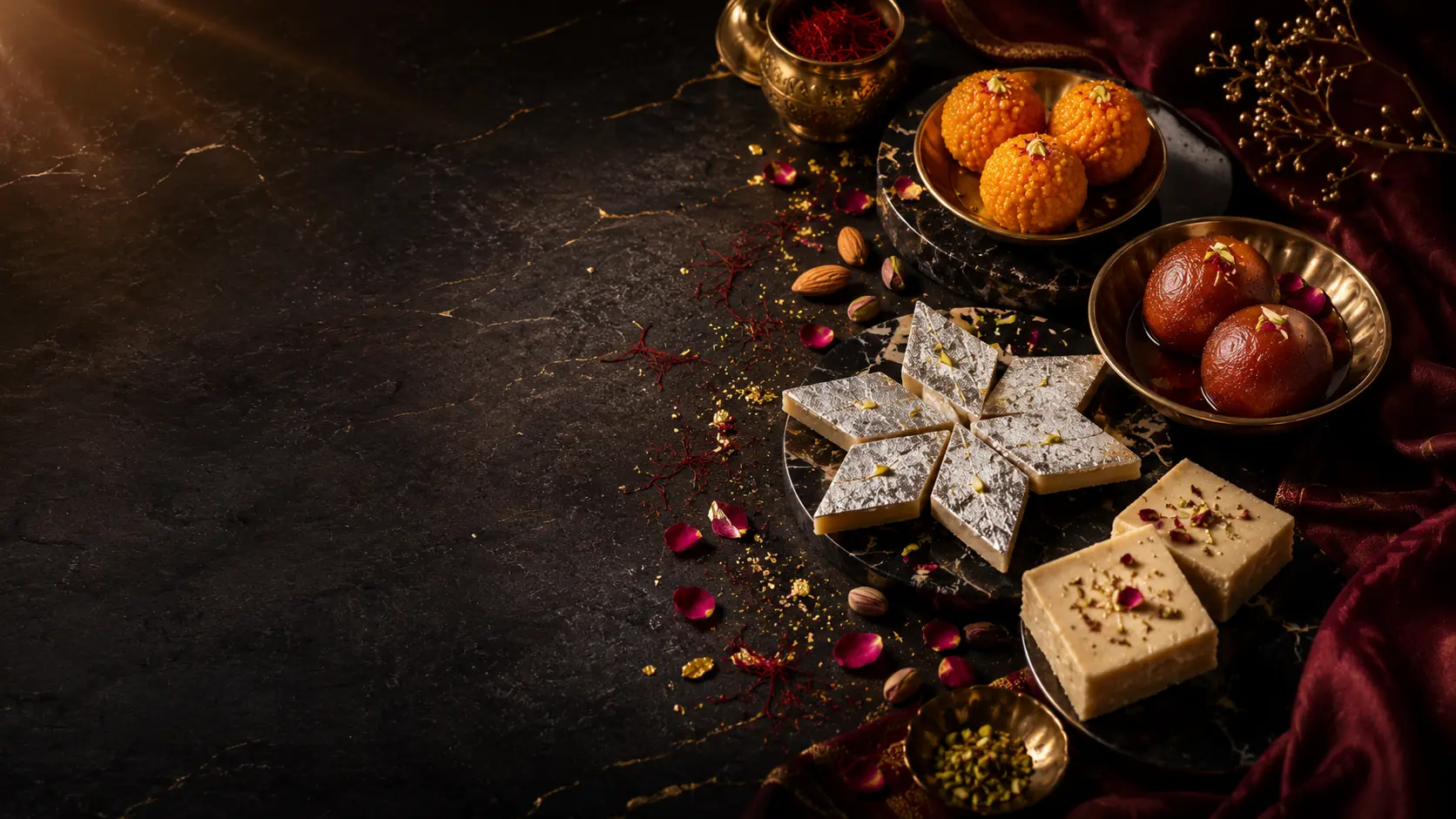 Traditional Indian sweets — gulab jamun, barfi, ladoo, kaju katli arranged on brass trays